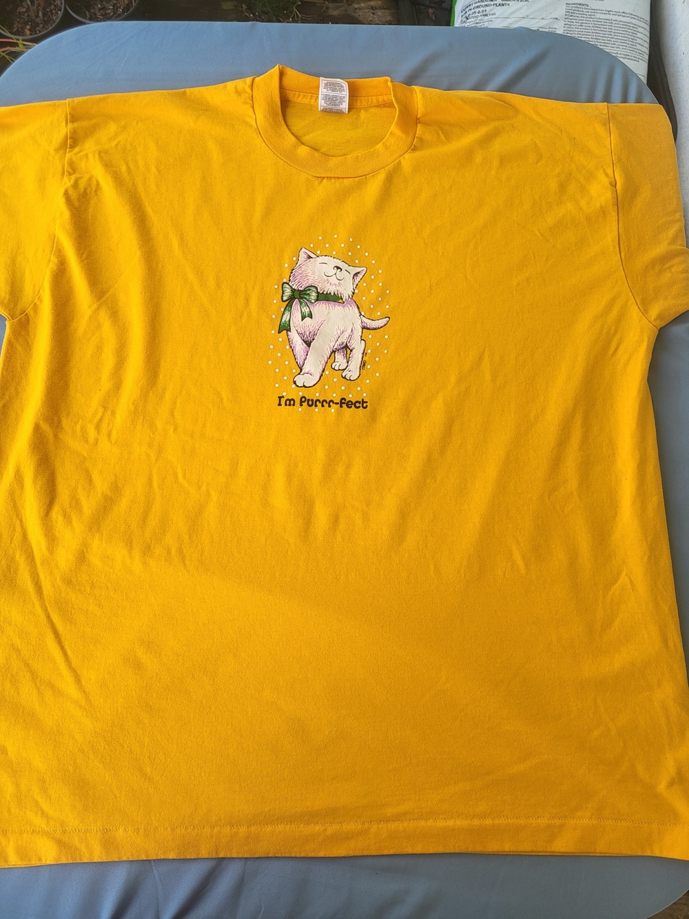 Fruit of the Loom Yellow Tee with Pink Kitten Graphic and Green Bow Vintage